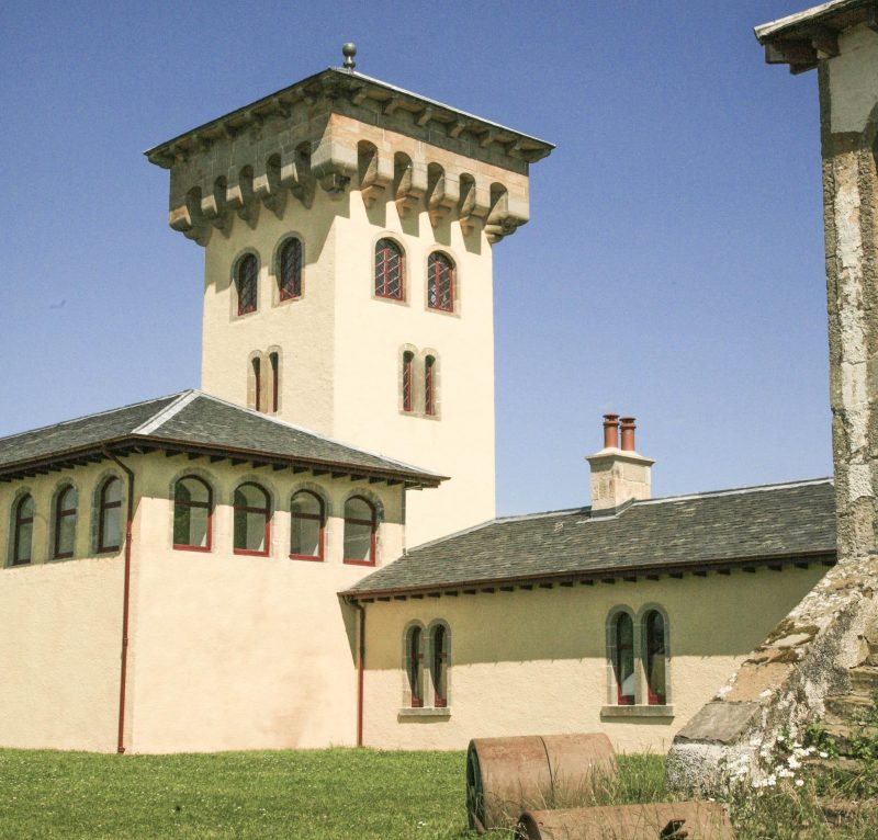 Italianate tower and listed agricultural buildings on Blair's Home Farm, Altyre Estate, Scotland