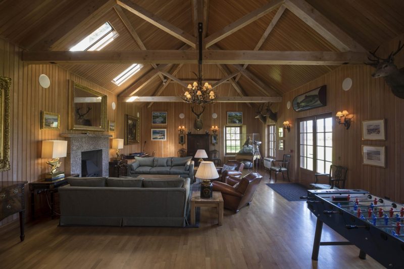 The interior of a timber framed ceilidh hall at Benmore Estate, Mull.
