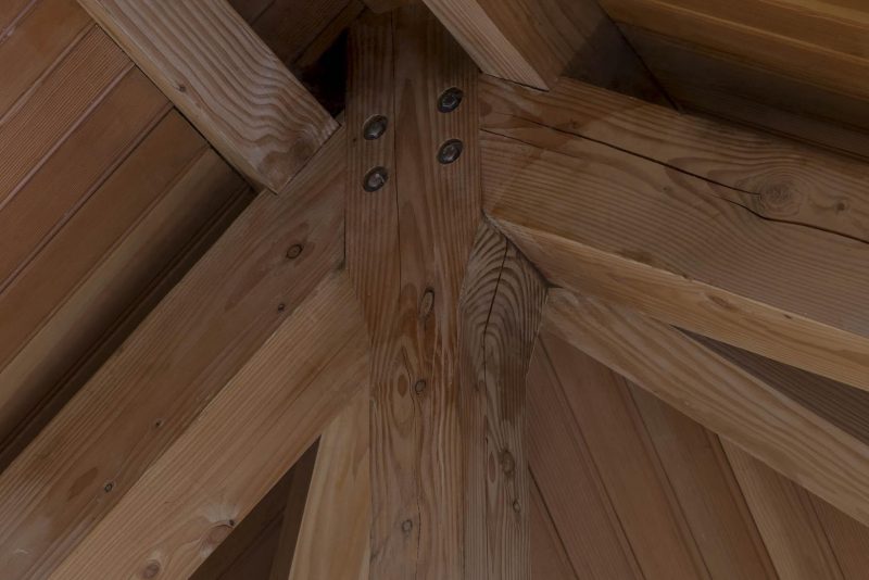 Detail of timber trusses in the Ceilidh Hall, Benmore Estate. Designed  by Harry Taylor & Co, Perth.